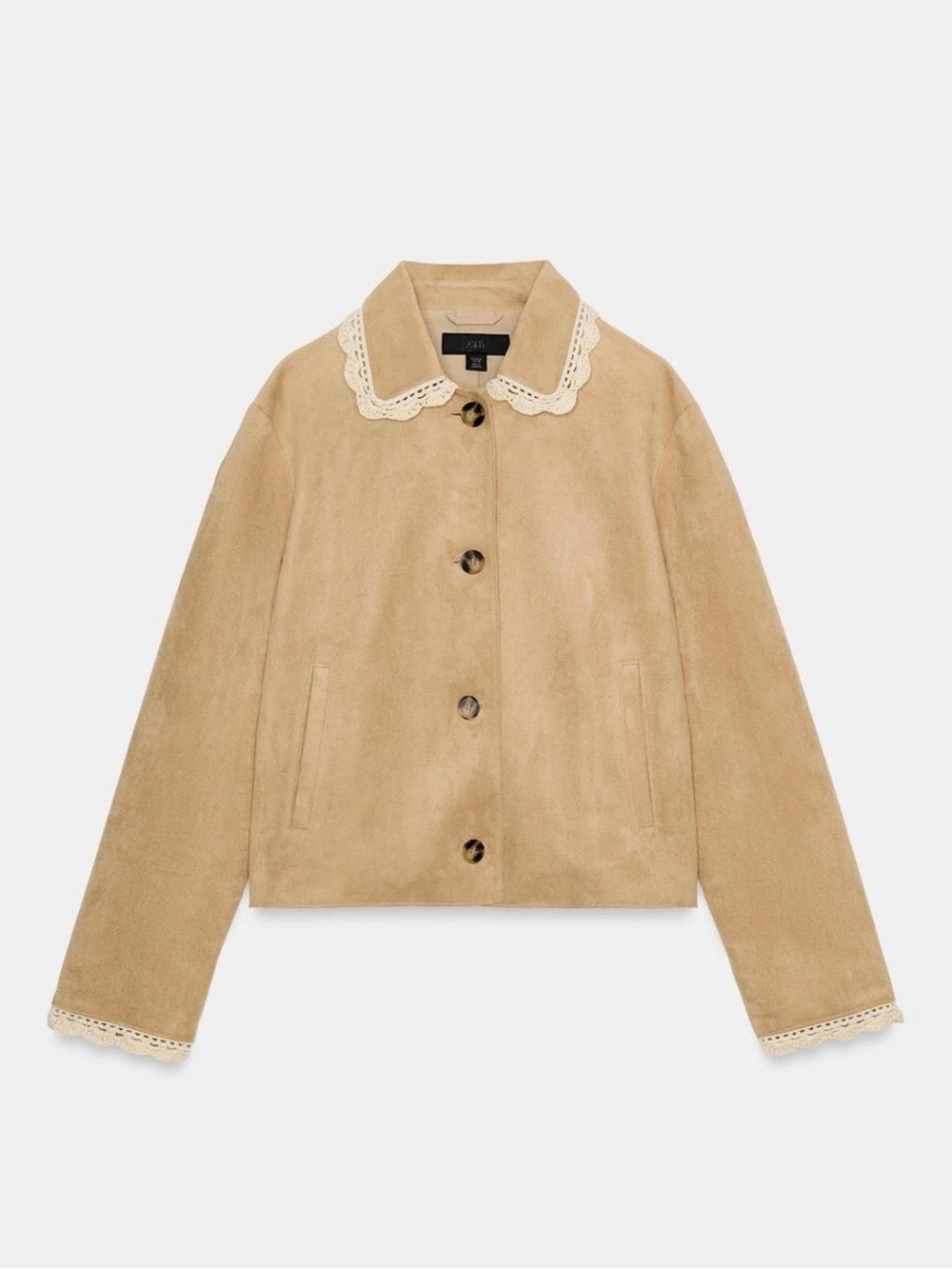 NWT Zara Suede Lace-Trim Crotchet Combined Lapel Button Jacket Beige Size M